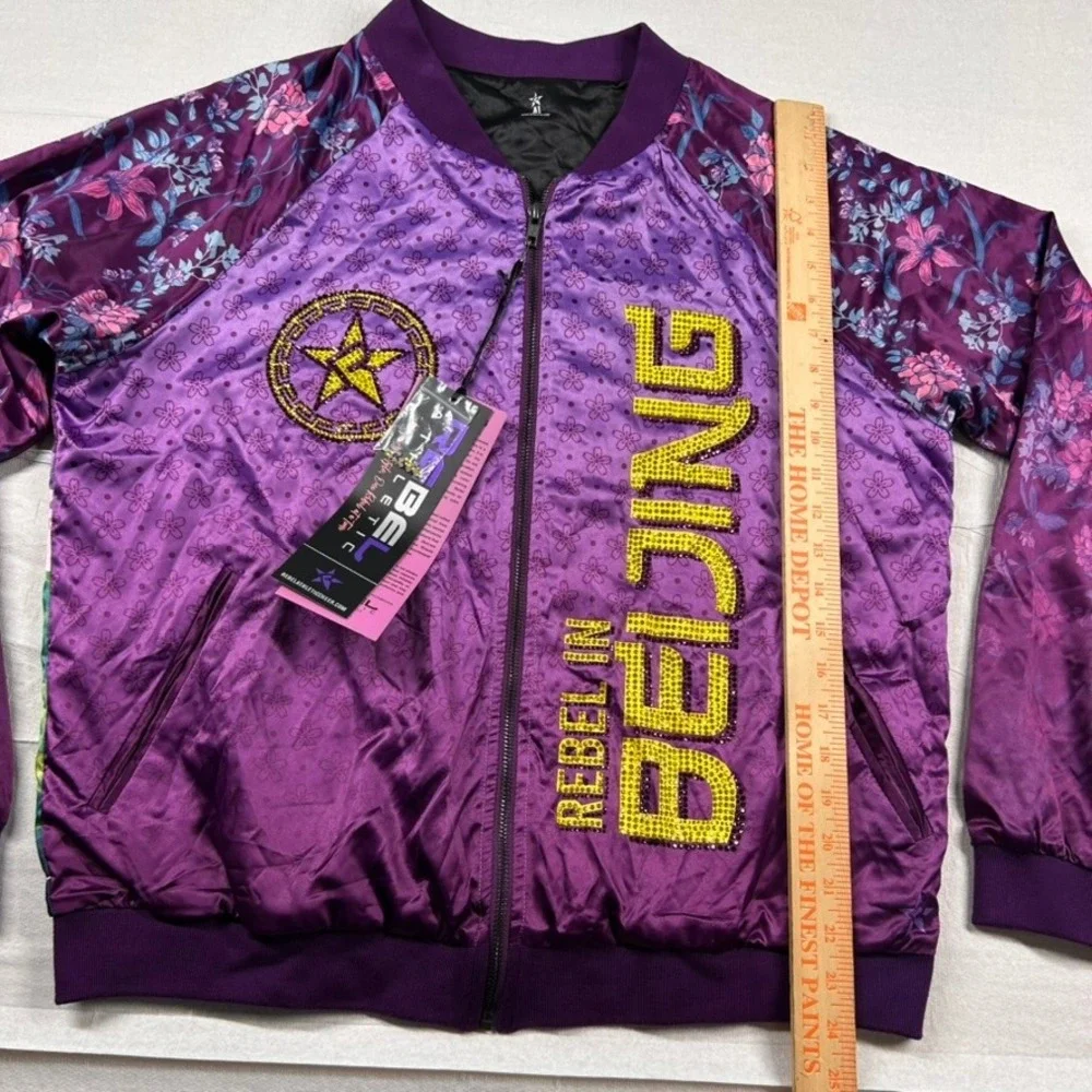 Rebel Athletic Bomber Jacket Womens L Beijing Satin Sequin Dragon Great Wall